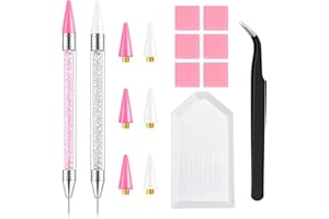 VANALIA Rhinestone Picker Tool, 2-Pack Diamond Painting Dotting Pen with 6 Extra Wax Tips & Precision Tweezer, Wax Pencil for Rhinestones, Nail Art DIY Kit