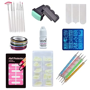 SAVNI nail art 7 brush and dotting tools,100 pcs nail extensions, 1 pc 3 gm nail glue, 3 french manicure tips, stamping design plate with stamp and scrapper, nail art tape and nail protector stickers