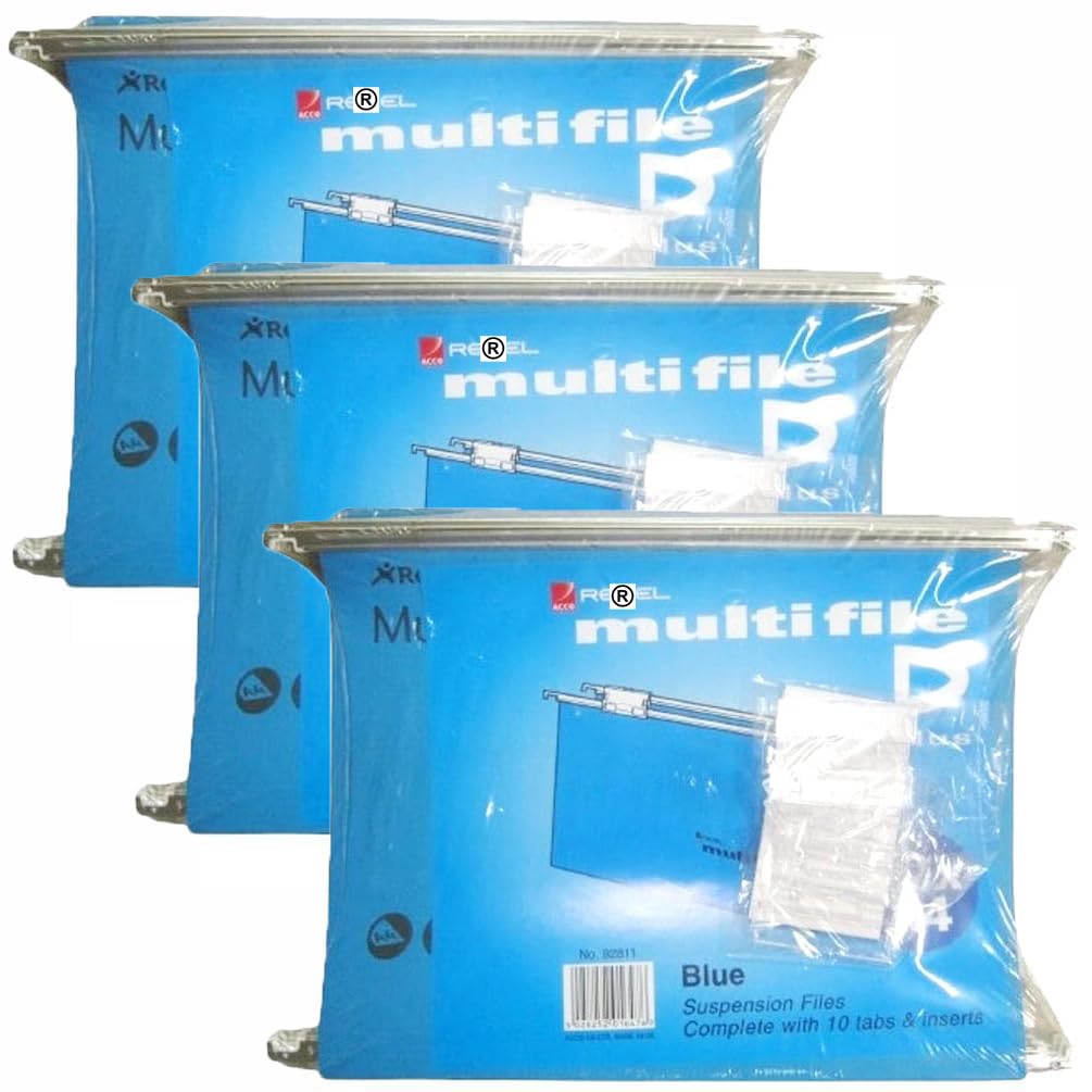 FNX 30 x Rexel Multifile Plus A4 Suspension Files Complete with Tabs & Inserts for Filing Cabinets, 15mm V-Base, 10 Pack Blue, Hanging & Filing for Office, Work, & School