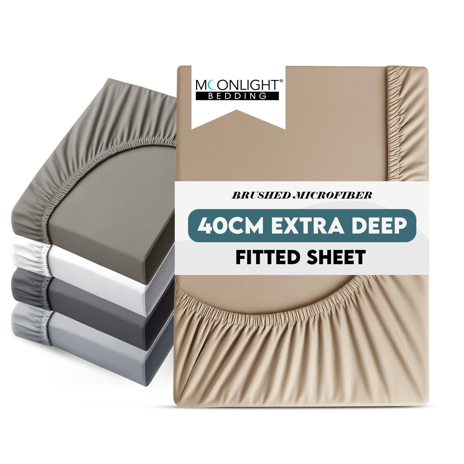 Moonlight Bedding Fitted Sheet 40 Cm Extra Deep Pocket Bed Sheets 16 inch Ultra Soft Bottom Sheet Brushed Microfiber Breathable Shrinkage and Fade Resistant (Beige, Super King)