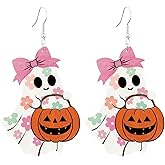 ANGLEQUEEN Halloween Earrings for Women Cute Ghost Pumpkin Candy Dangle Drop Earrings Cartoon Wooden Earring Halloween Witch Earring Jewelry Emo Accessories