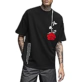 UOUA Mens Graphic Tees Vintage T-Shirts Oversized Letter Print Casual Crewneck Cotton Top Short Sleeve Rapper Streetwear