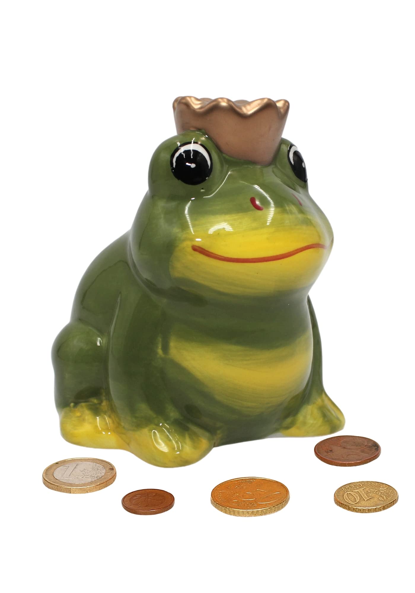 Dekohelden24 Ceramic Money Box as Frog with Crown, Frog King, Saving Box, L x W x H: Approx. 9 x 10 x 11 cm