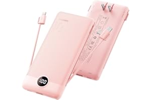 Coowisty Wall Plug Portable Charger, 10000mah Power Bank with Built-in Cables, LED Display Slim Battery Pack USB C, Portable 