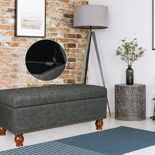 Asense Fabric Rectangle Tufted Lift Top Storage Ottoman Bench, Footstool with Solid Wood Legs, Nailhead Trim (Black Grey)