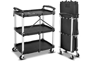 UNICOO® Heavy Duty 3-Tier Collapsible Rolling Cart, Folding Utility Cart, 550lbs Capacity, Lockable & Silent Wheels, Compact & Foldable, Easy Clean & Storage for Restaurant, Office, Garage (Black)