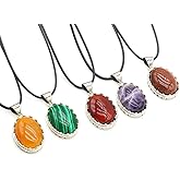 LHJ 4 Pcs Natural Stone Pendants Egg Shape Healing Energy Crystal Necklace Charms Waxed Cord for Jewelry Party Gift