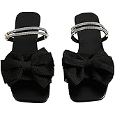GORGLITTER Women's Bow Flat Sandals Dressy Rhinestone Slides Comfort Sandals Cute Slip On Shoes