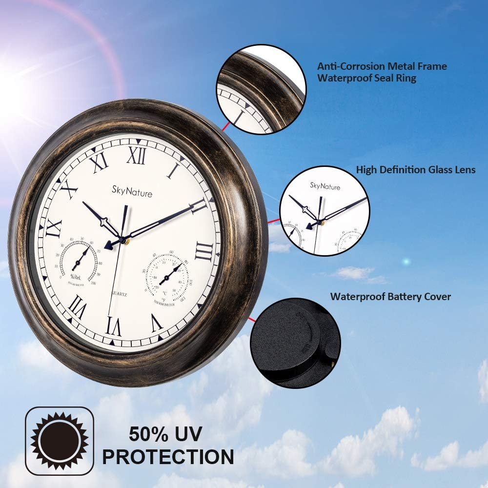 Amazon Com Waterproof Outdoor Clock 18 Inch Large Outdoor Clocks With Thermometer Hygrometer Combo Silent Battery Operated Metal Wall Clock For Living Room Patio Garden Pool Decor Bronze Kitchen Dining