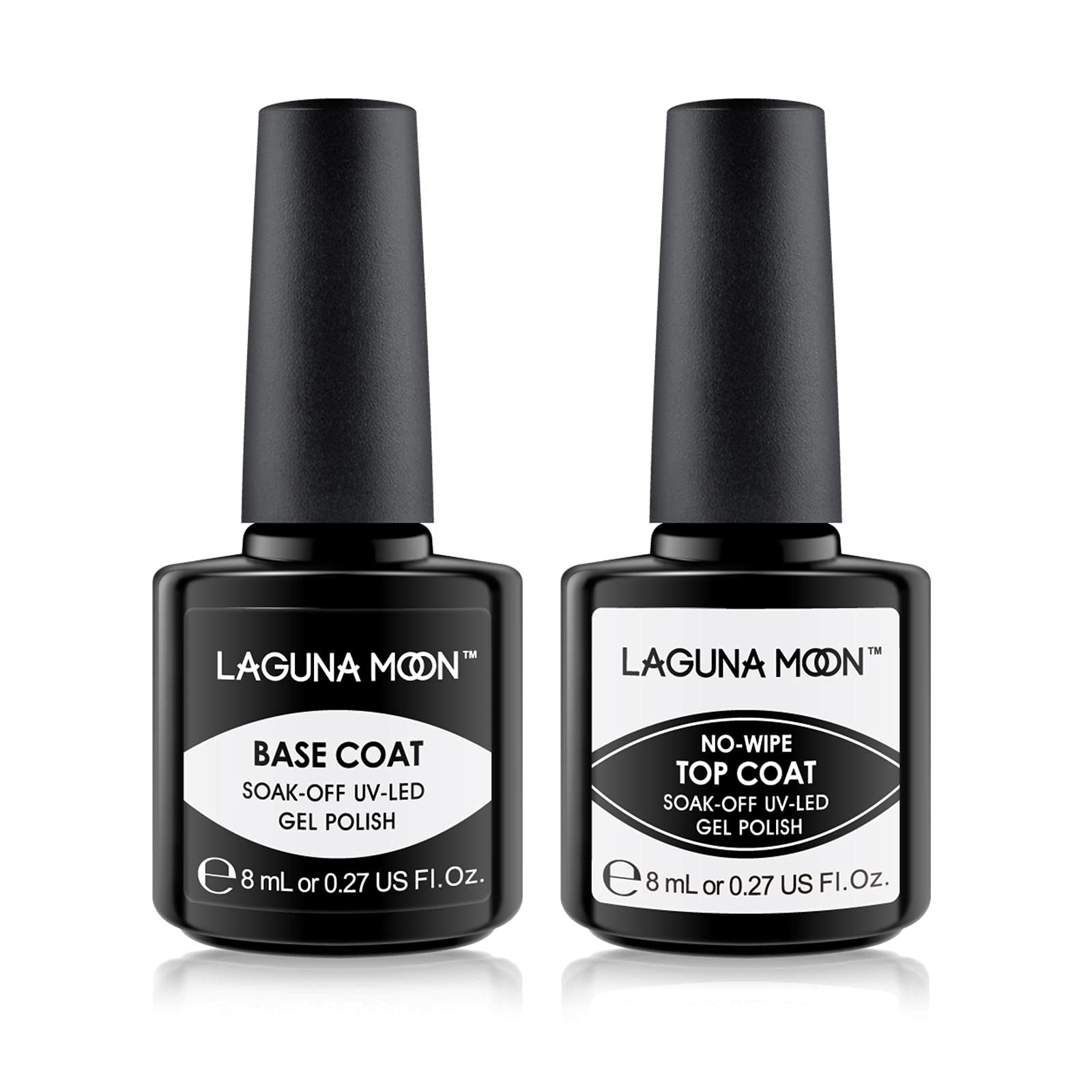 LagunaMoon Gel Nail Polish Base Coat and No Wipe Top Coat Gel Polish Set Soak Off UV LED Nail Varnish Lacquer Manicure Set 2 × 8ml