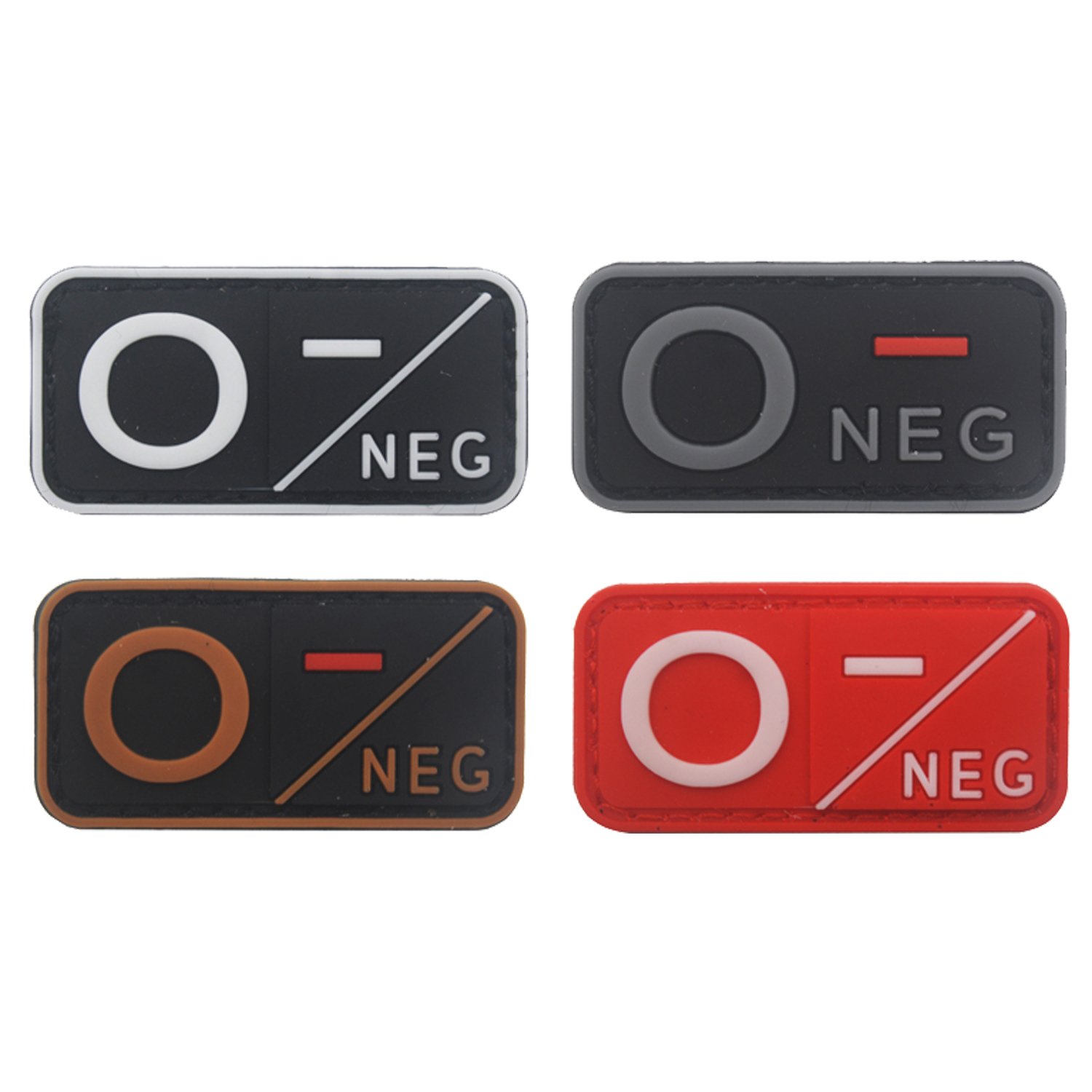 Blood Type Patch Kit O Neg, Tactical Type O Negative 3D PVC Rubber Fastener Patches, 1.97 X 0.98 Inch Sized, Bundle 4 Pieces