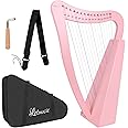 Lyre Harp,15 strings 22 inch Solid Birchwood Musical Instrument Height For Adult Kids Beginner with Tuning Wrench Black Gig Bag Strap(Pink)