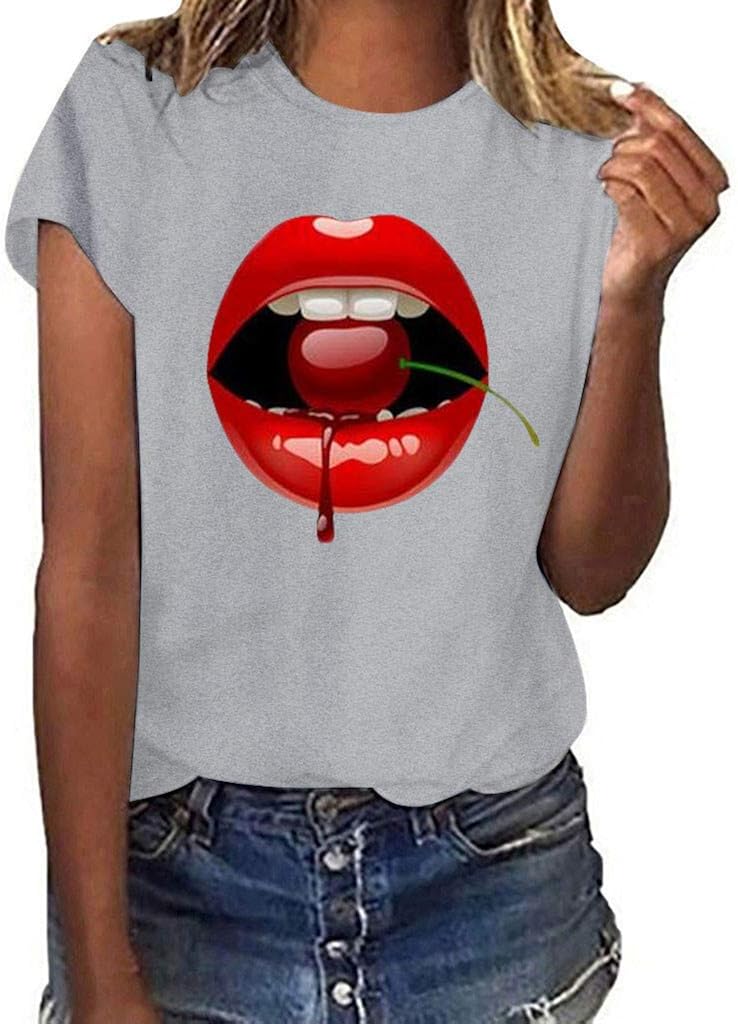 Women Girls Plus Size Lips Print Shirt Short Sleeve T Shirt Blouse Tops
