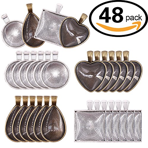 Glarks 48-Pieces 4 Styles Pendant Trays 24pcs round & square & heart & teardrop and 24pcs Bright Glass Cabochon Dome Tiles for Crafting DIY Jewelry Gift Making