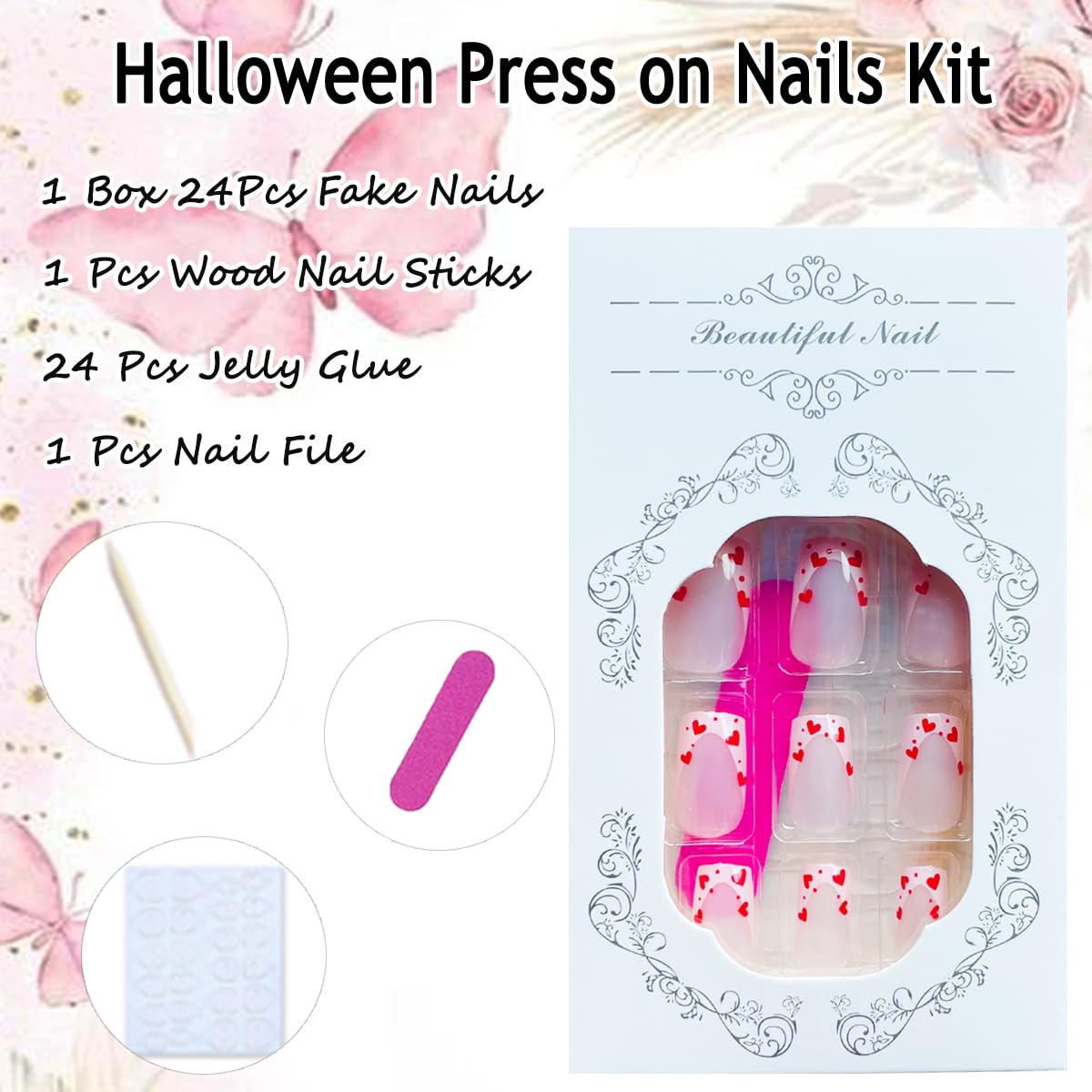24Pcs Valentine's Day French Tip Press on Nails Short Square NEWSPIED Heart Fake Nails Pink Nail Tips Glue on Nails Glossy Designs Valentines False Nails for Women Acrylic Manicure Decorations Tips - Image 6