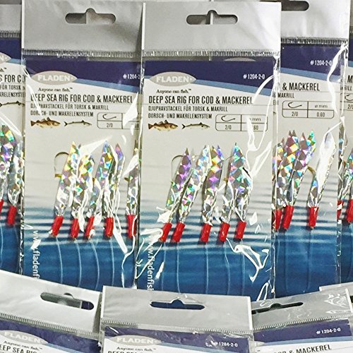 FLADEN (Min of 23 Packs of PLANKTON RAINBOW 5 Hooked Silver Sea Feathers Fishing Lure Rigs (Size 2/0) - Excellent Deep Sea Rig for Mackerel and Cod (Hook size - 2/0) [17-1204-2/0-25]