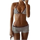 WDIRARA Women's Striped Halter Bikini Set Tie Back Triangle 2 Piece Swimsuit with Boyshorts