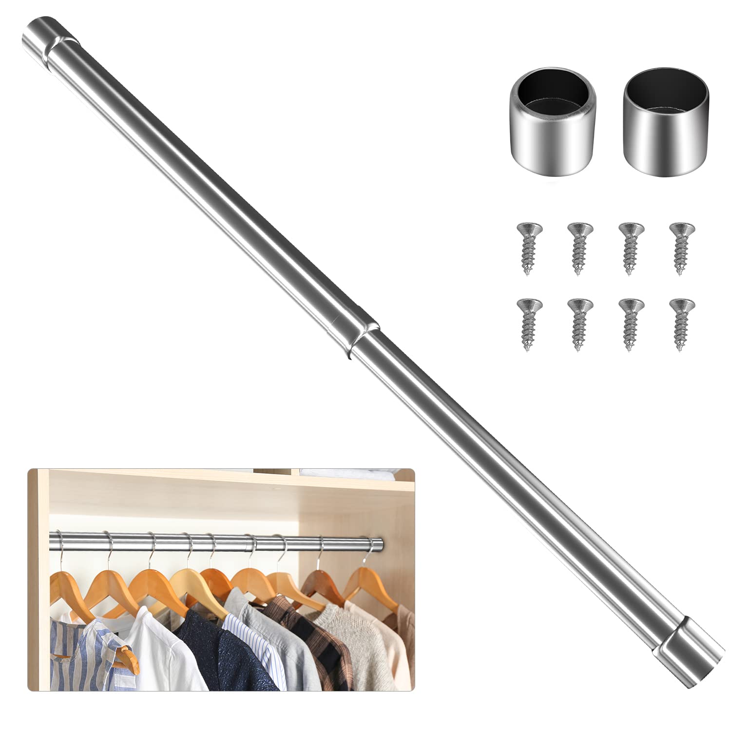 WAENLIR 48cm-80cm Extendable Stainless Steel Wardrobe Rail, Adjustable Clothes Rail Pole With End Sockets.（Scope of application: 50CM-70CM）