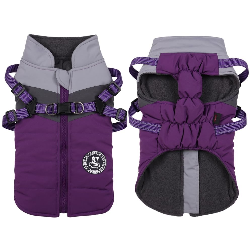 Poseca Dog Coat with Built-in Harness | 3-in-1 Waterproof Winter Jacket & Raincoat | Reflective Warm Puppy Clothes for Small Medium Dogs | Outdoor Walking (Purple, L) โ image 1