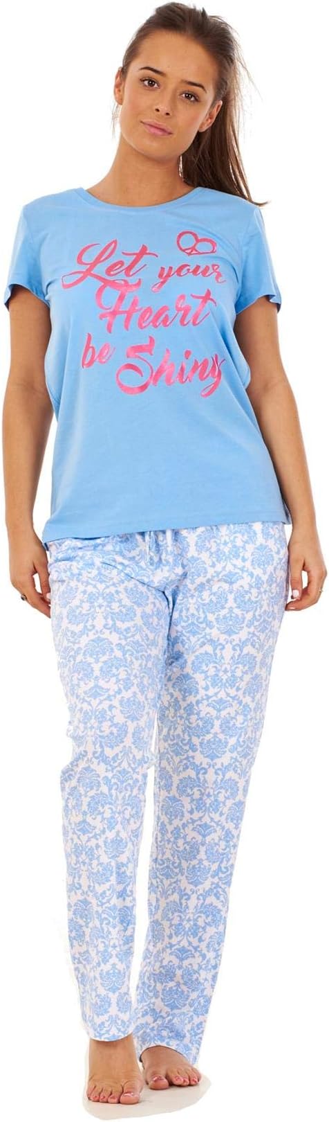 Ladies Cotton Pyjama Set Floral Print Crewneck Pockets Soft Lounge wear S to XL