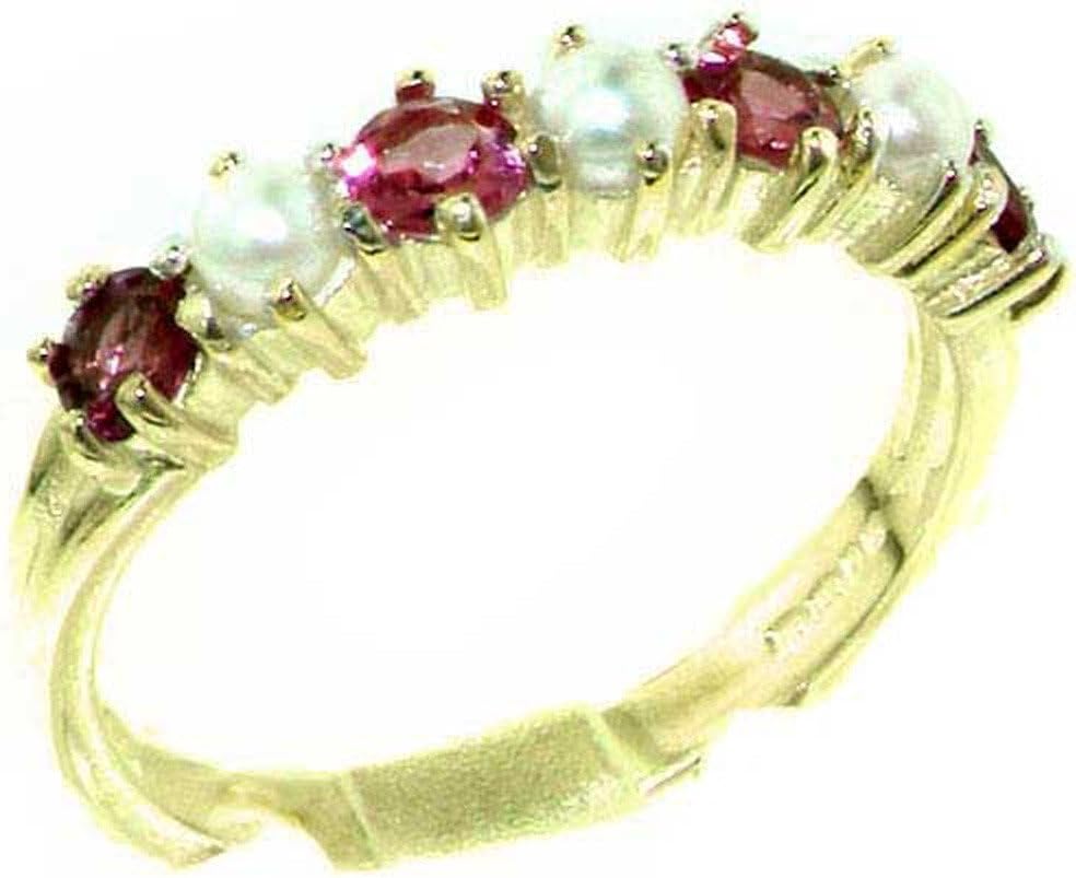 14ct Gold Pink Tourmaline & Pearl Ring - Ladies Eternity style Band ring with Natural Pink Tourmalines & Pearls Solid Hallmarked 14ct 585 Yellow Gold