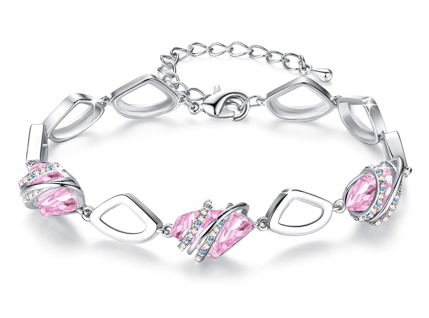 Leafael Wishstone Crystal Link Charm Bracelet, Birthstone Bracelets with Healing Crystals, Allergy-Free Jewellery for Women with Gift Box, Silver-Tone or Rose Gold Plated Bracelets for Women