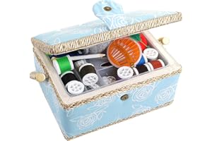 COMFECTO Large Sewing Box with Accessories Sewing Storage and Organizer with Complete Sewing Kit Tools - Wooden Sewing Basket with Removable Tray and Tomato Pincushion for Sewing Mending - Blue