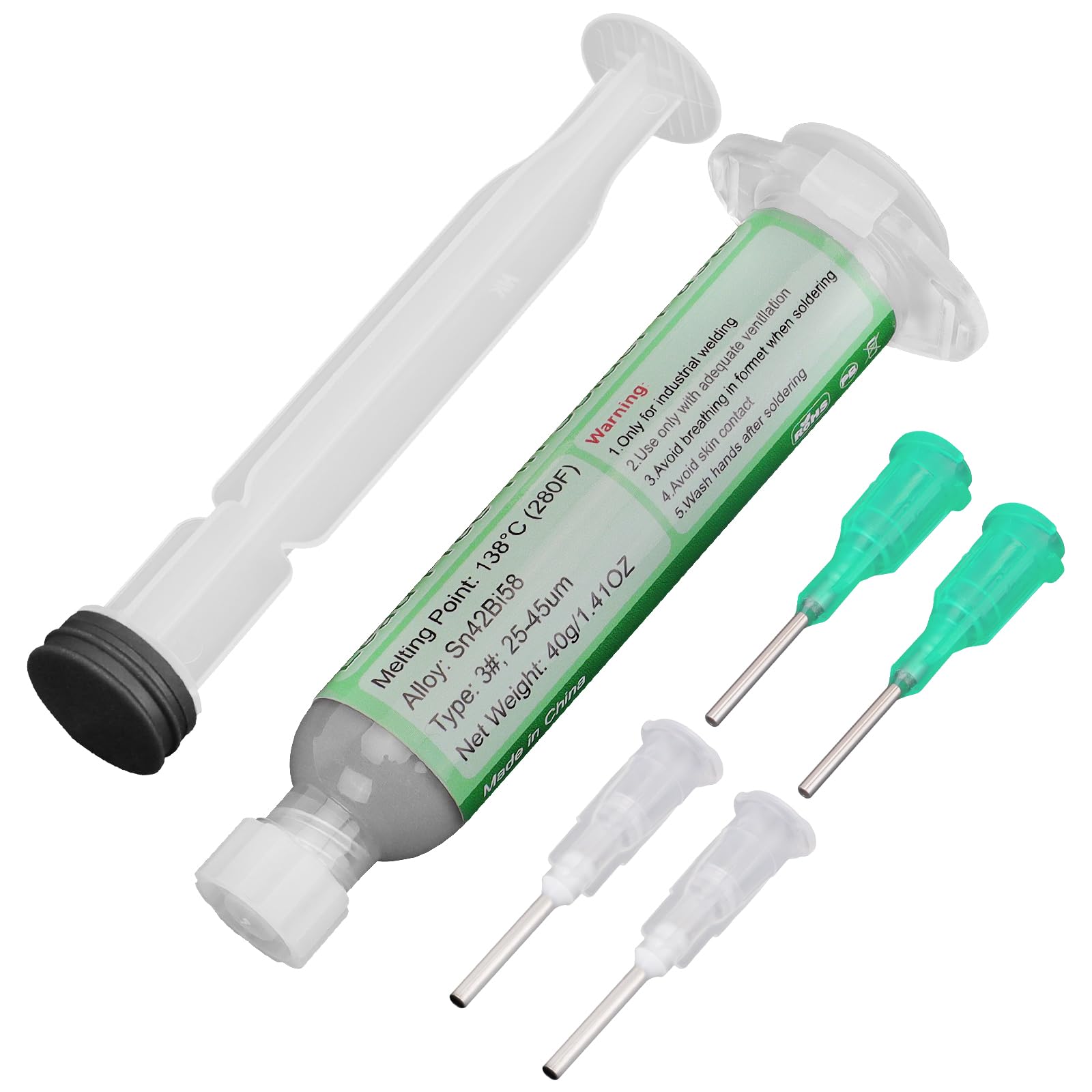 Gruiqrd 40g Solder Tin Paste with Syringe,138°C Low Temperature Syringe Solder Paste, Sn42/Bi58 Flux Soldering Paste with 4 Needles and 1 Push Rod, Solder Paste for Bag,PCB, CPU, SMT