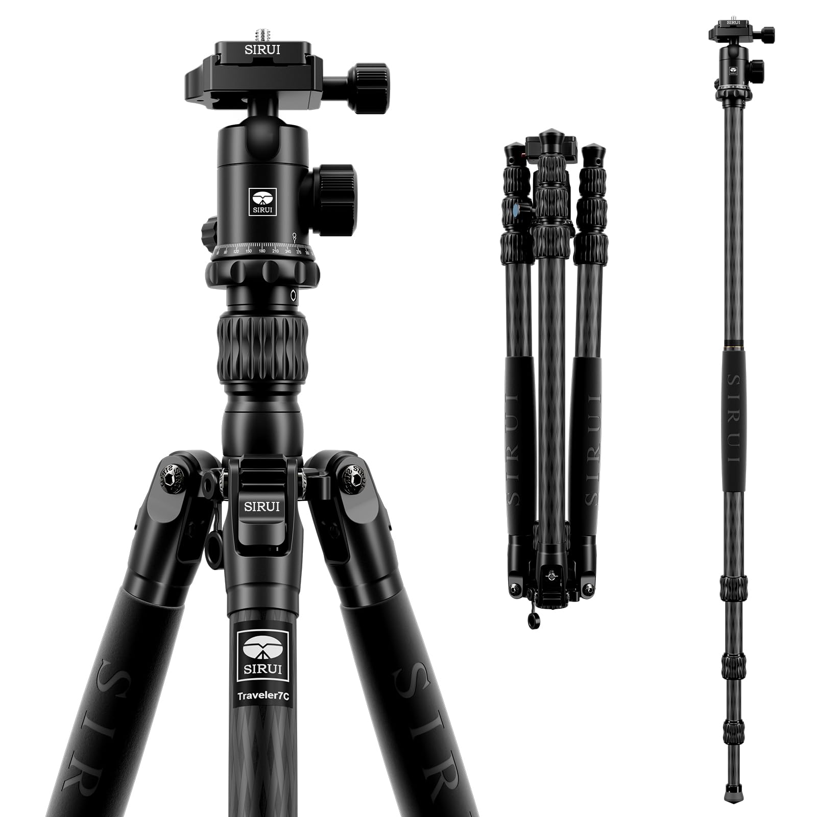 SIRUI Traveler 7C Carbon Fibre Tripod for Camera, 65" Portable Travel Tripod and Monopod with 360° Panoramic Ball Head, with Extendable Centre Column for DSLR, Camcorder, Max Load 8kg