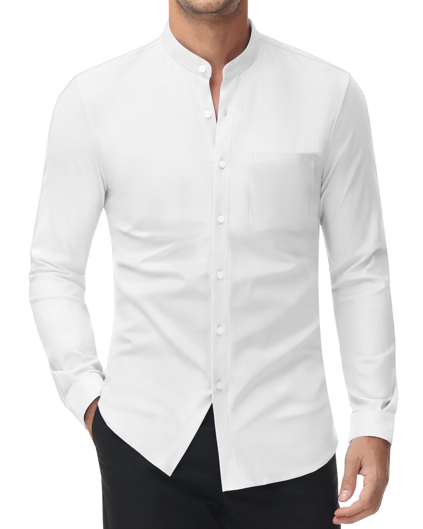 White Pleated Mandarin Tuxedo Collarless Dress Shirts main image 0