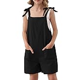 Lindanina Girls Romper Sleeveless Adjustable Tie-Up Strap Short Jumpsuits Summer Clothes with Pocket 5-12 years