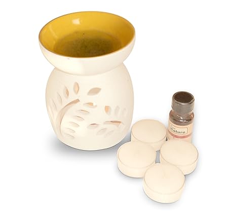 Pure Source India Ceramic Aroma with Top Bowl Burner and 10ml Lemon Grass Aroma Oil with 4 Tea Light Candle (Yellow)