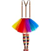 3Pcs Rainbow Women's Tutus Costume Layered Colorful Tulle Tutus Skirt Striped Socks Y Back Adjustable Elastic Strap
