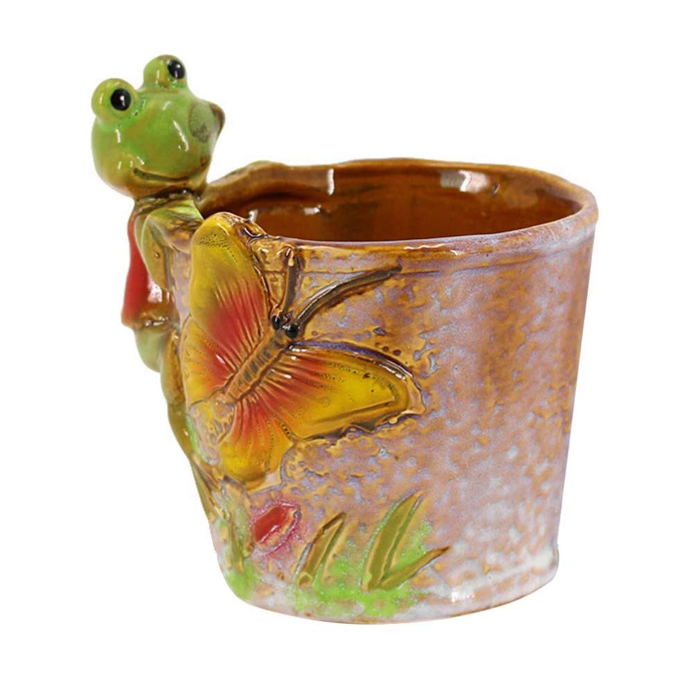 Yardwe 1PCS Frog Succulent Planter Pot Creative Frog Pots Mini Ceramic Plants Container Pen Pencial Holder for Home Office (Round)