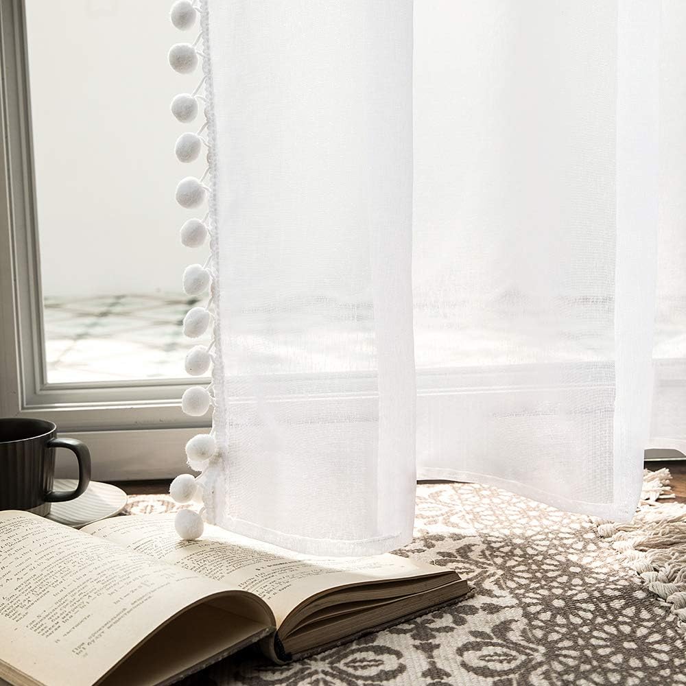 MIULEE Sheer Curtains with Pom Poms-White Voile Curtains for Bedroom Living Room Pretty Rod Pocket Pompom Curtains for Kids Girls Bedroom - Image 5