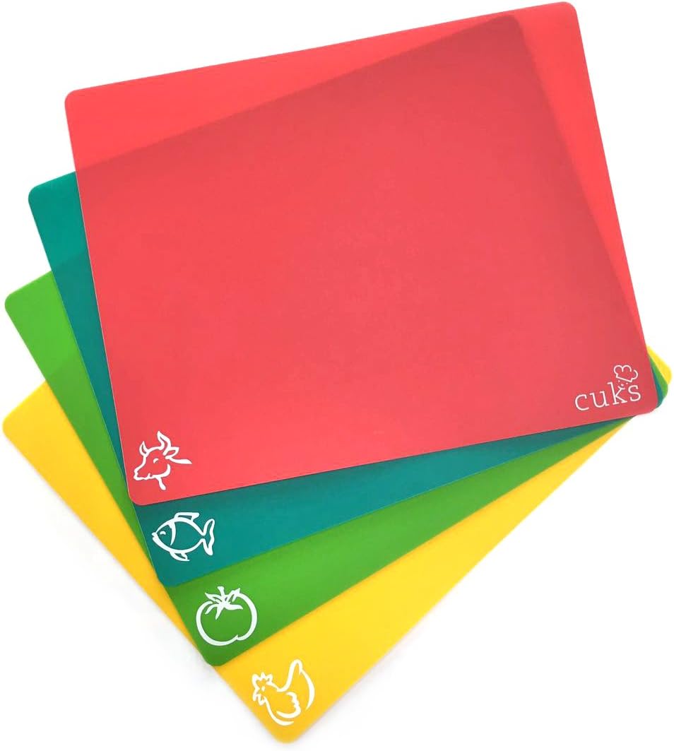 Flexible Plastic Cutting Board Mats Set of 4 color’s with Food Icon Durable Hygenic Easy to Clean by CUKS