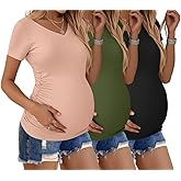 Ekouaer Womens Maternity Shirts 3 Packs V Neck Tops Tunic Pregnancy Clothes Side Ruched Short Sleeve Casual T Shirt S-XXL