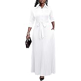 Runwind Maxi Dresses for Women, 3/4 Sleeve Botton Down Pleated Long Dress with Belt Casual Church Dress with Pockets