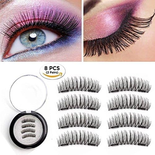 2 Pairs False Eyelashes, Kocopa Magnetic Eyelashes 3D Ladies Eyelashes, Glue Free Reusable Hand Made Ultra Thin Natural Look Double Magnets Fake Eye Lashes (8 Pieces)