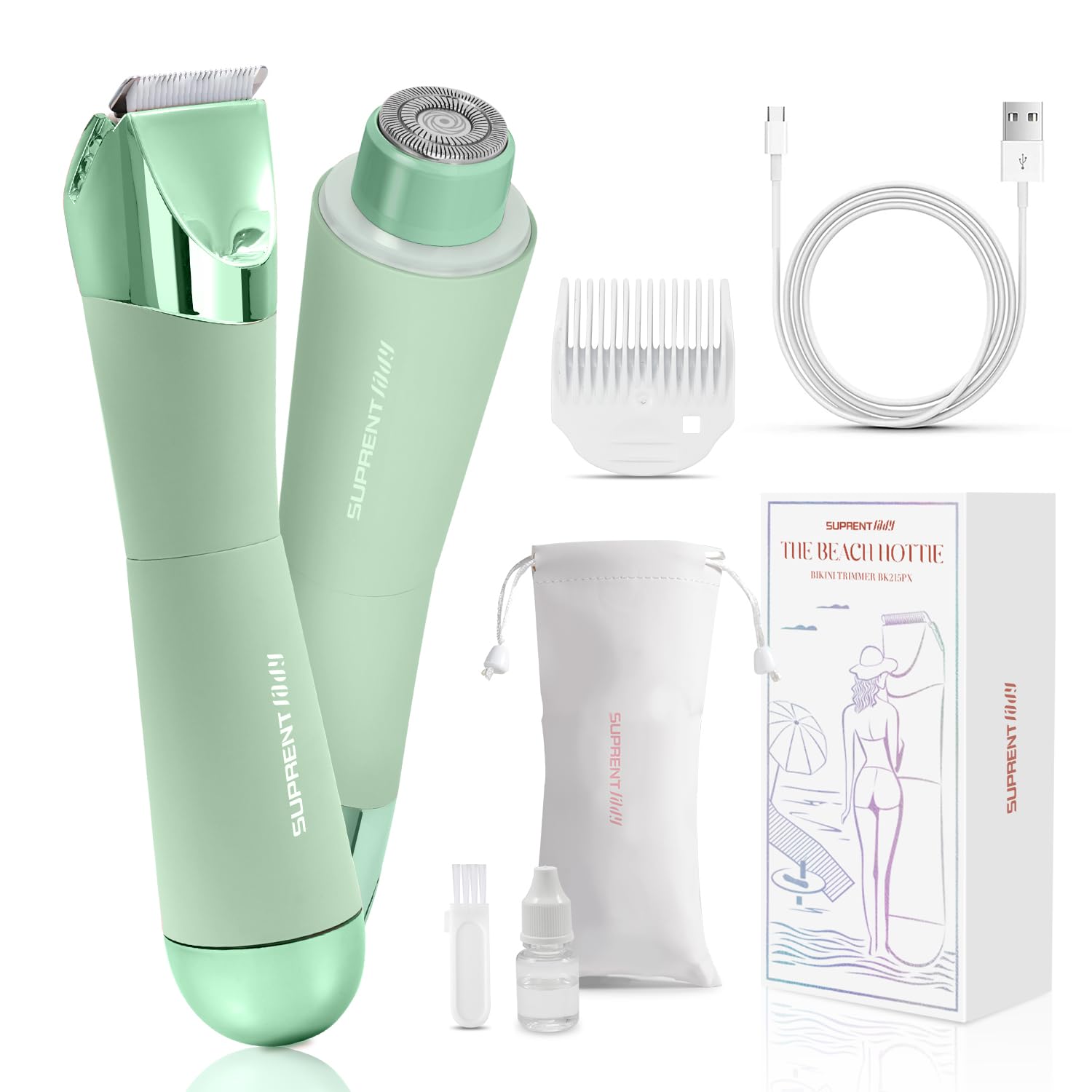 SUPRENT Lady Shaver for Women, 2 in 1 Painless Electric Bikini Trimmer Facial & Body Hair Remover for Face, Legs, Underarm, Pubic - Wet & Dry (Green)