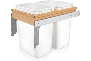 Rev-A-Shelf Double Pullout Trash Can for Base Kitchen& Bathroom Cabinets, 35 Qt Wood Top Mount Garbage Bin, 15" x 1.5" Face-Frame, White, 4WCTM-18DM2