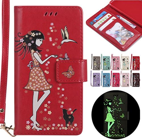LEMORRY Samsung Galaxy J7 / J700F Case Leather Flip Wallet Pouch Slim Fit Bumper Protection Magnetic Strap Stand Card Slot Soft TPU Cover for Galaxy J7, Luminous Effect (Red)