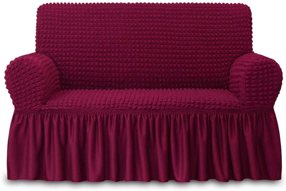 Slipcovers - NICEEC Loveseat Slipcover Red Loveseat Cover 1 Piece Easy Fitted Sofa Couch Cover Universal High Stretch Durable Furniture Protector Love Seat with Skirt Country Style (2 Seater Wine Red)