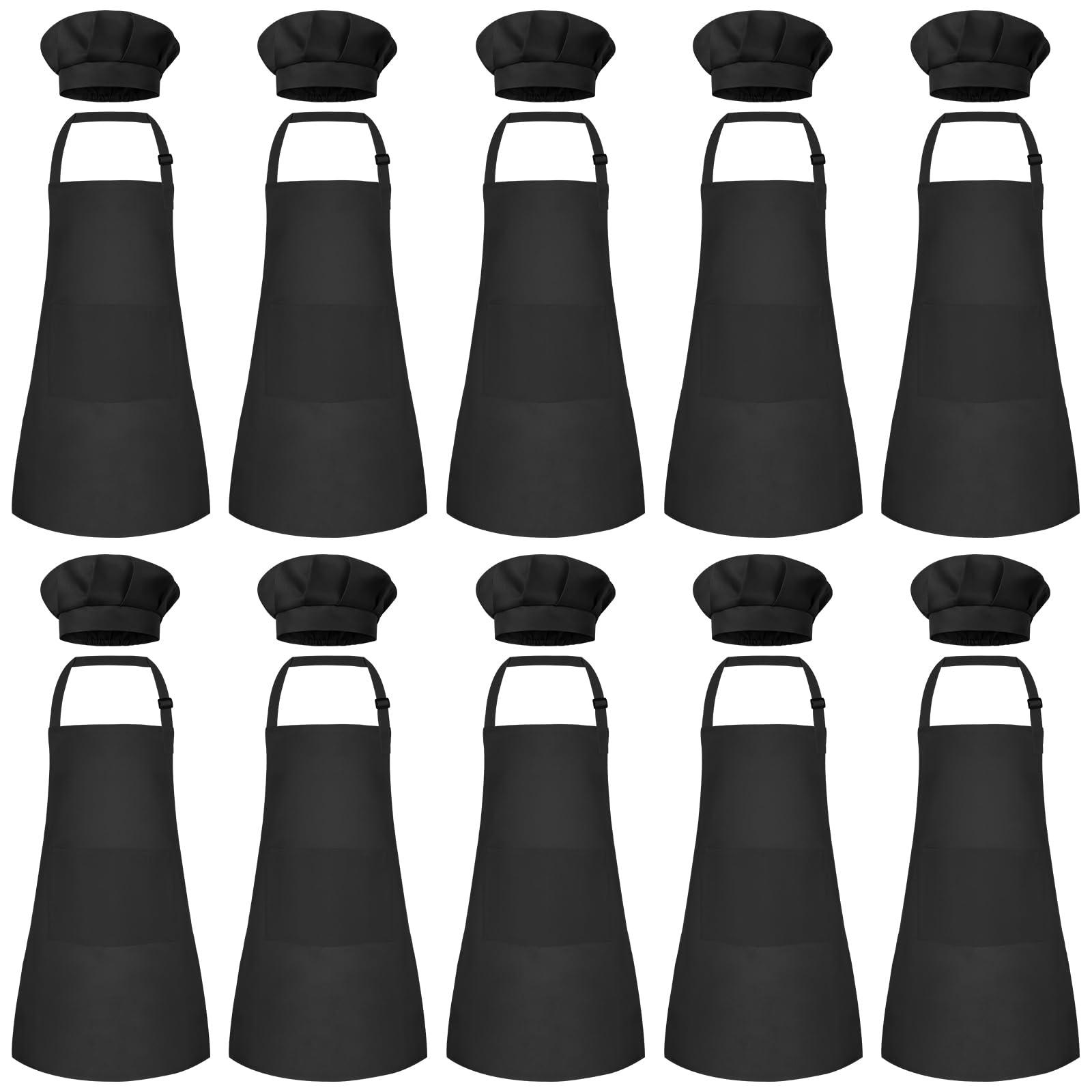 Bouiexye 10 Set Kids Apron and Chef Hat Set Children Apron Adjustable with 2 Pockets Children Chef Painting for Cooking Baking Painting Crafts Making (Black