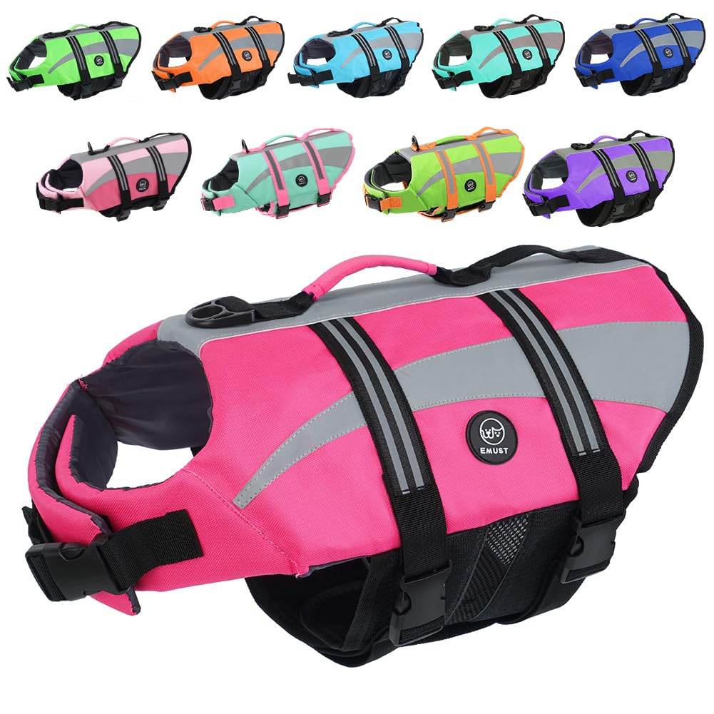 EMUST Life Vests for Dogs, Lightweight Small/Medium/Large Dog Life Preserver, XL Dog Life Jacket for Swimming/Boat/Water, Life Jacket for Large Dogs,Pink, XL