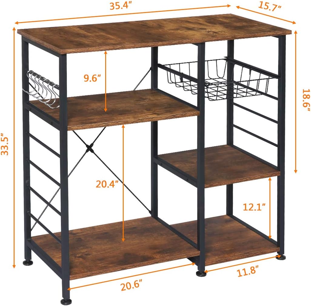 KingSo Industrial Kitchen Baker’s Rack Utility Storage Shelf, Microwave Oven Stand Kitchen Shelf Organizer Work Table with 7 Hooks, Simple Assembly Wood Look - Standing Baker's Racks
