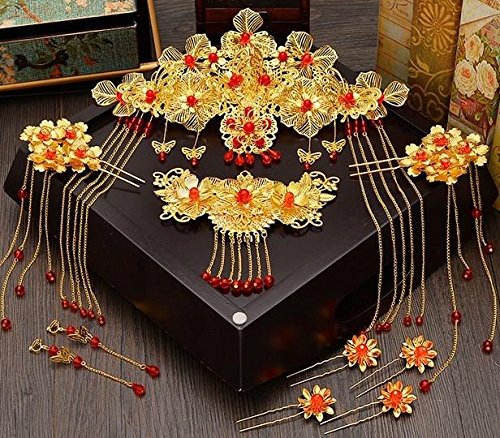 JC's Beauty set of traditonal hairclip side comb wedding dragon Phoenix bride headwear Chinese traditonal style accessories wedding hair clip red and gold color