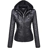 Springrain Women's Faux Leather Jacket Moto Biker Coat with Detachable Hood Motorcycle Jacket