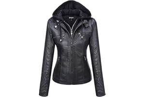 Springrain Women's Faux Leather Jacket Moto Biker Coat with Detachable Hood Motorcycle Jacket