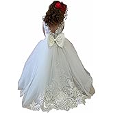 ROSE IN THE BOX Flower Girls Dress for Wedding Lace Tulle Princess Pageant Dress Kids Prom Ball Gowns with Bow-Knot and Tail